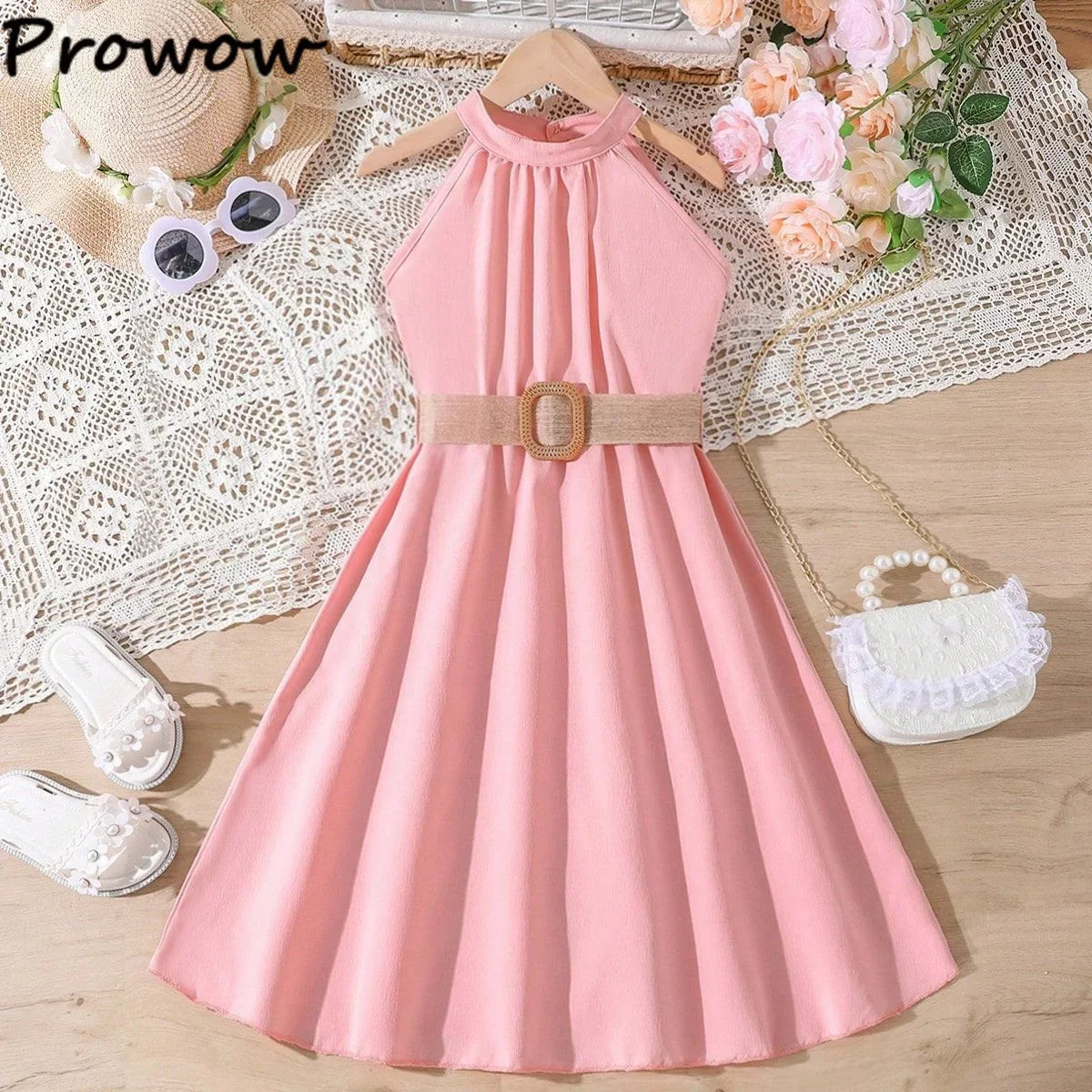 Prowow Girls Party Dresses Sleeveless Belted Halter Neck Hem Dress Holiday Beach Children's Clothing Teenagers Dress For Girls Good Vibrations