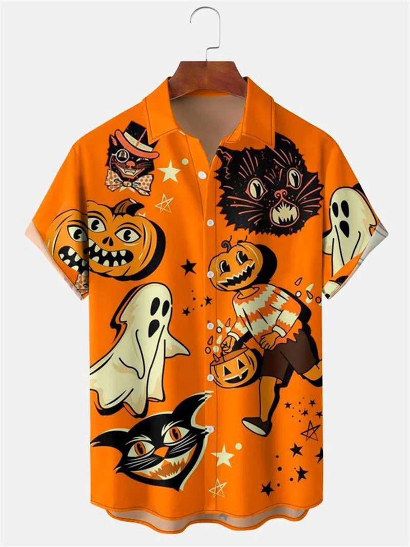 Men's Fashion Halloween Shirt Summer Cute Style Men's Clothing Party Holiday Men Top Pumpkin Head Print Boys' Short Sleeve Shirt Good Vibrations