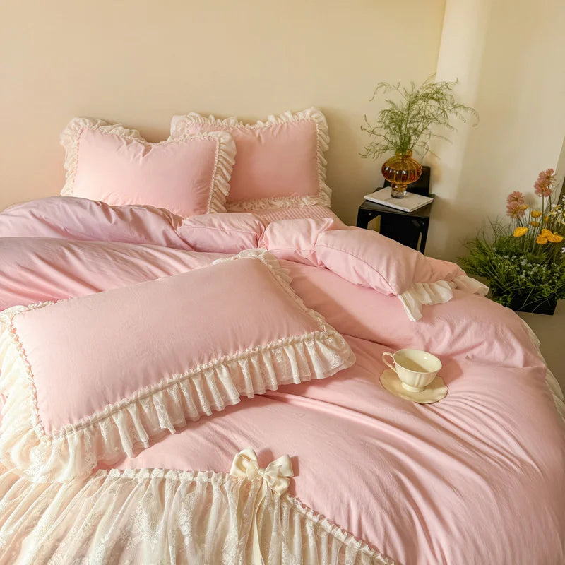 Korean style Princess lace bow bedding set pink sweet girl chiffon ruffles duvet cover bed sheet pillowcase wedding home textile Good Vibrations