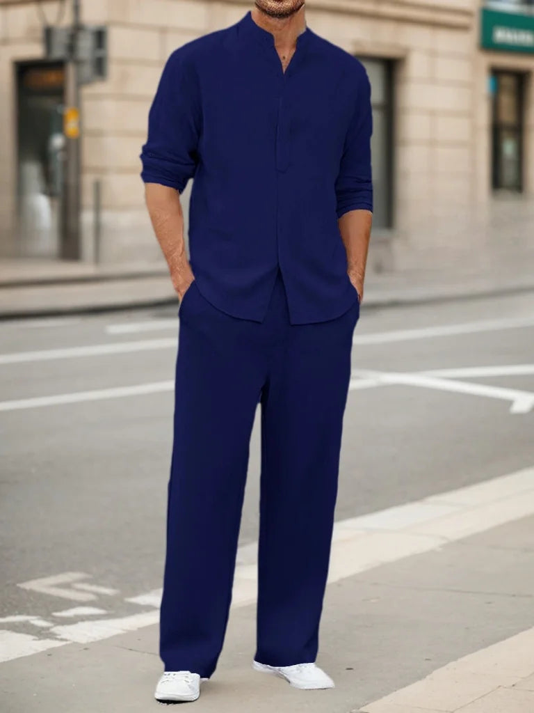 Men's Fall Casual Outfits Solid Color Henley Collar Long Sleeve Tops with Elastic Waist Pants Long Sleeve Pants Shirt Suit Good Vibrations