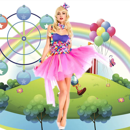 Halloween Costume Classic Candy Color Dresses Circus Clown Cosplay Costumes Carnival Party Performance Clothing Set Funny Dress Good Vibrations
