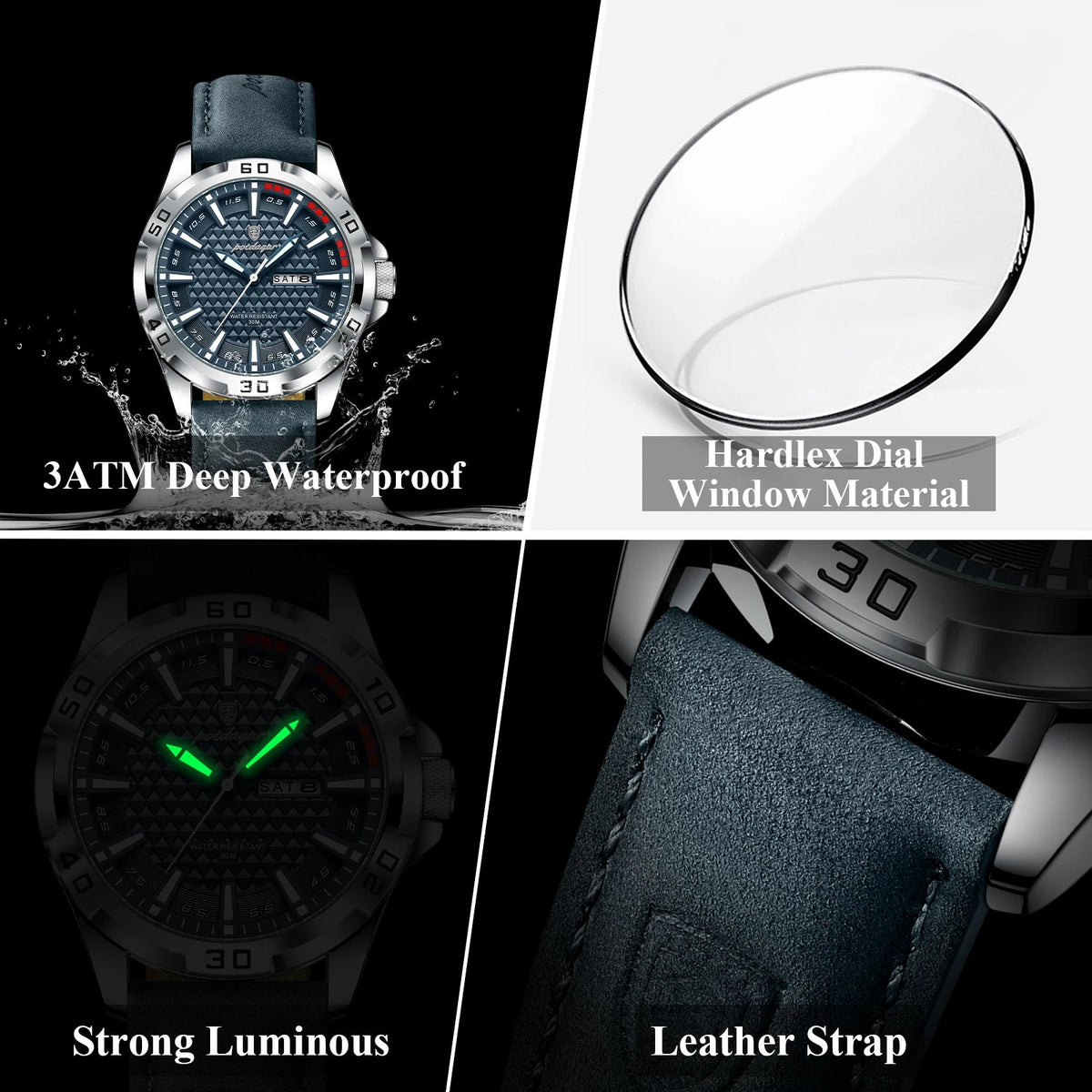 POEDAGAR Original Man Wristwatch Top Luxury Waterproof Luminous Date Week Watch For Men Quartz Sport Leather Men's Watches Reloj Good Vibrations