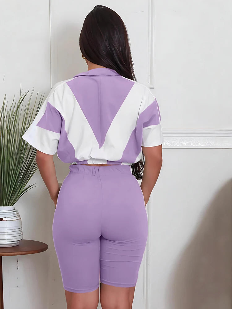 Colorblock Women Tracksuit Sets Short Sleeve Top and High Waist Tight Shorts Suit 2025 Summer Two 2 Piece Biker Short Set Outfit Good Vibrations