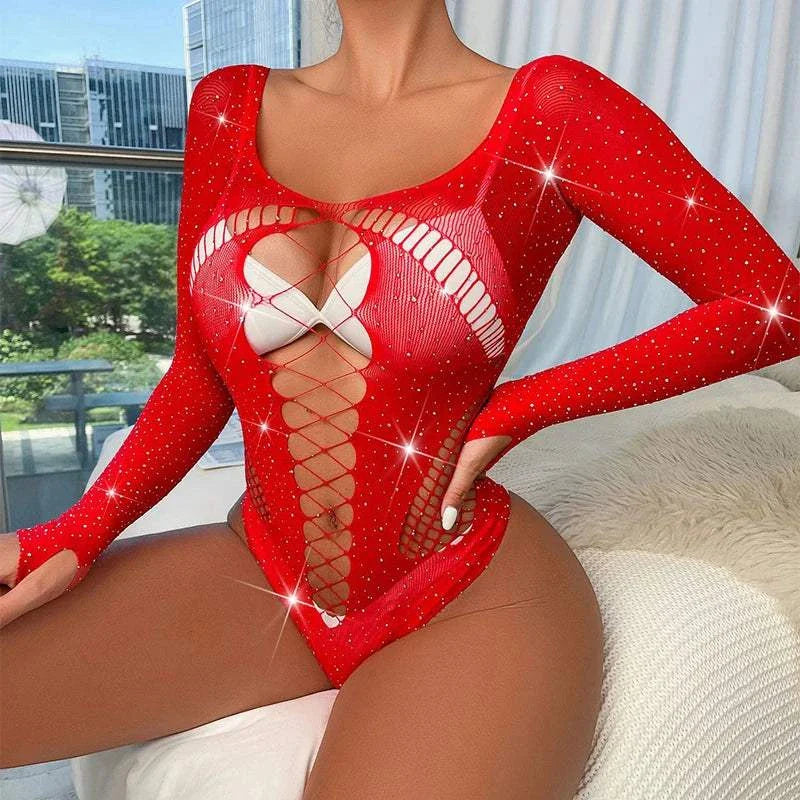 Women sexy rhinestone bodysuit with long sleeves and fishnet design, featuring shiny diamond accents.