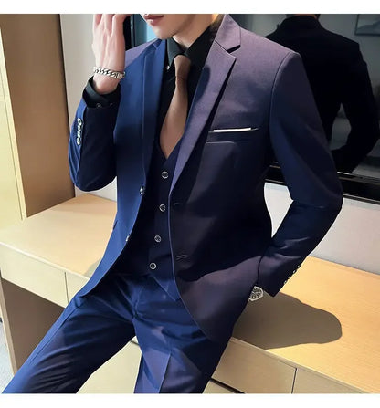 Suit (suit +Vest+Pants) Formal Business Men Four Seasons Professional Fashion Gentleman Solid Color Outdoor British Style Suit