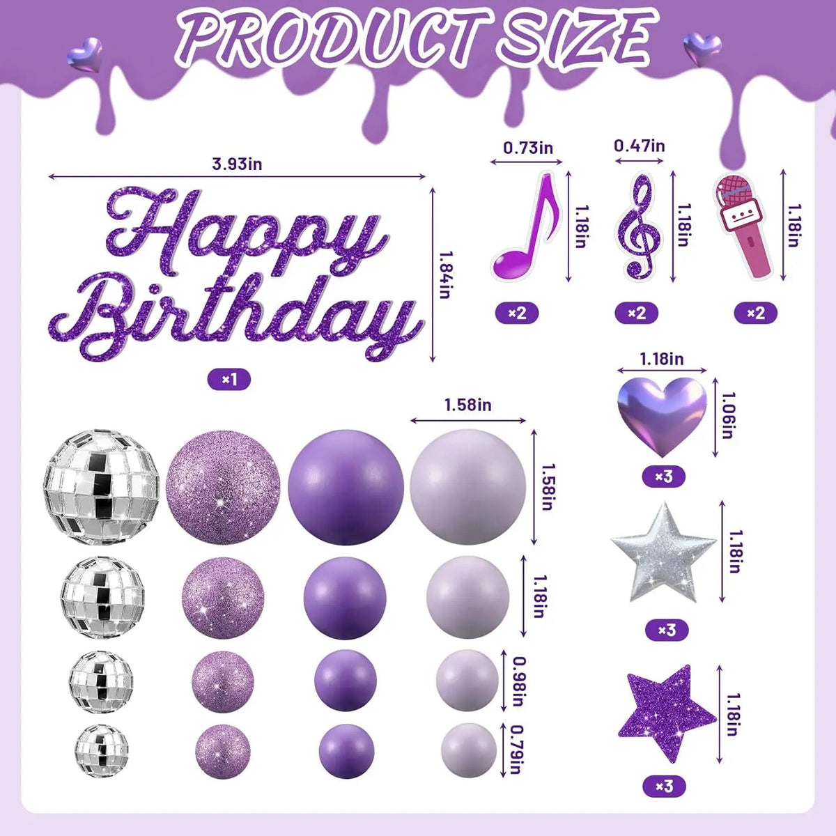Complete K-Pop Party Cake Topper: Purple Disco Balls, Mic, Hearts & “Happy Birthday” – Music Theme Decor Good Vibrations