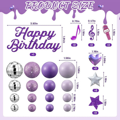 Complete K-Pop Party Cake Topper: Purple Disco Balls, Mic, Hearts & “Happy Birthday” – Music Theme Decor Good Vibrations