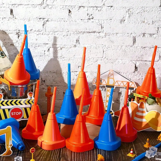 8 Plastic Racing Car Party Cup With Straw, Building Shaped Cup, Cone Party Cup, Birthday Gift, Great For Traffic Theme Party Good Vibrations