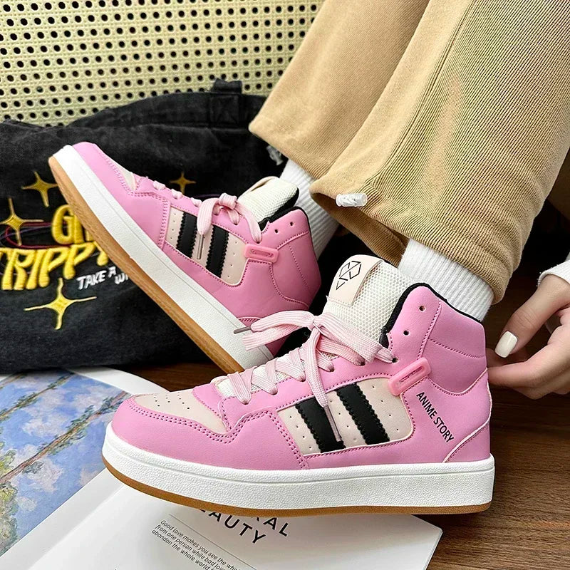 High Top National Tide Color Matching Strap Classic New Board Shoes Casual Walking Shoes Bread Shoes Small White Shoes Students Good Vibrations
