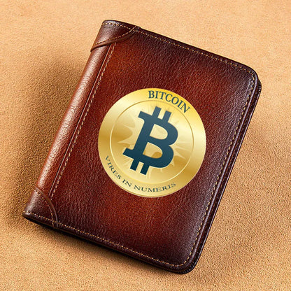 High Quality Genuine Leather Men Wallets Golden Bitcoin Sign Printing Short Card Holder Purse Billfold Men's Wallet BK1003 Good Vibrations
