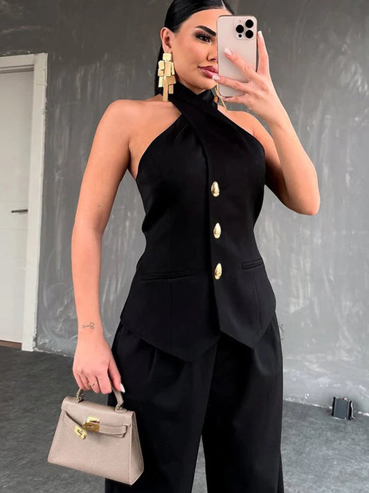 Summer Outfits for Women Halter Neck Waistcoat and High Waist Suit Pants Two Piece Set Office Wear Ladies Casual Suit Good Vibrations