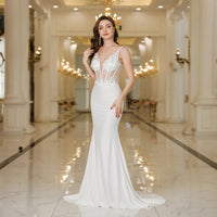 MisShow Elegant Straps White Mermaid Wedding Dresses Lace Pearls Backless V Neck Sleeveless Formal Party Gowns Vestido Marriee Good Vibrations