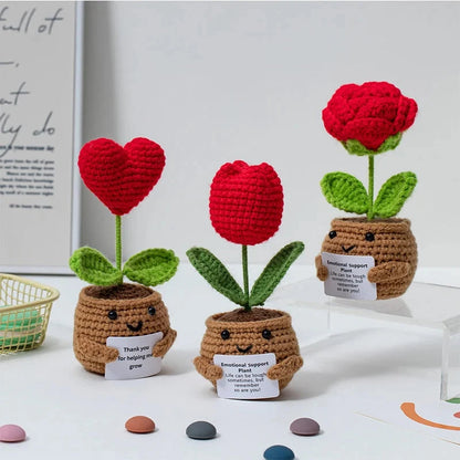Positive Energy Crochet Doll Pocket Hug Handmade Knitted Plush Rose Sunflower Tulip Cactus Love Funny Emotional Support Gift Good Vibrations