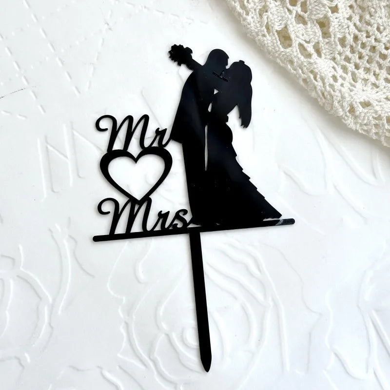 Bride and Groom Wedding Party Cake Topper Decoration Golden Acrylic Mrs & Mrs Engagement Party Cake Toppers Gift Baking Supplies Good Vibrations