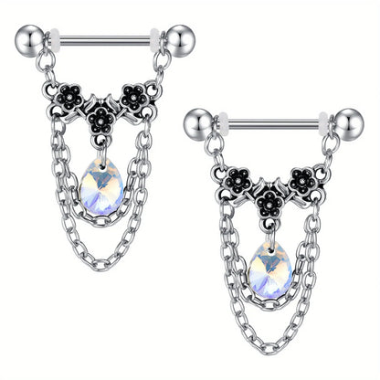 1pair Stainless Steel Nipple Rings, Nipple Barbell With Chain CZ, Nipple Piercing Jewelry Good Vibrations Adult Super Store