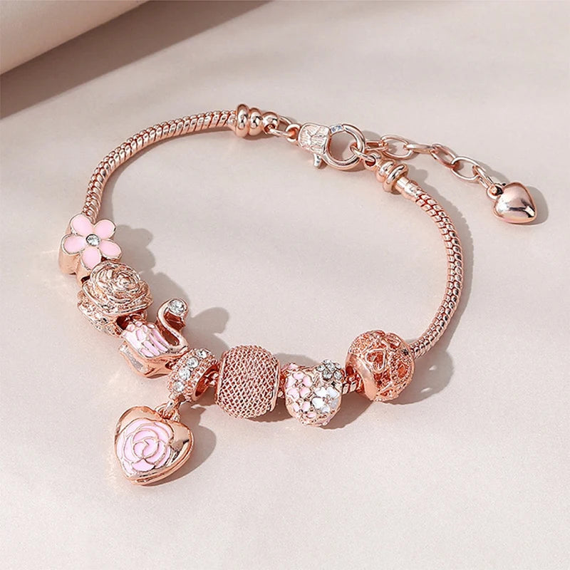 Chic Heart Flower Bead Charming Bracelet With Shiny Rhinestonw Pink Enamel Floral Swan Charms Casual Outings Jewelry Good Vibrations