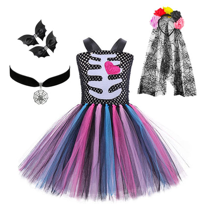 Halloween Kids Dress Cosplay Heart Print Skeleton Costumes Girls Floral Skull Tutu Clothes Children Carnival Performance Outfits Good Vibrations