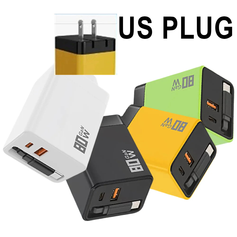3 In 1 80W GaN Fast Charger Built-in Retractable Type-C Cable USB Type-C Charging Head For Universal USB Charging Power Adapter Good Vibrations