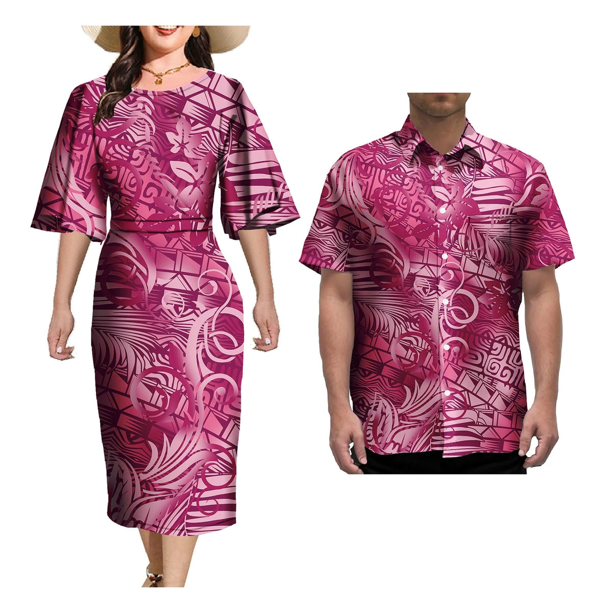 Couple Outfit Sets Elegant Dresses Women Sexy Skirt Samoa Tattoo Printed Polynesian Casual Dress Matching Men Shirts Good Vibrations