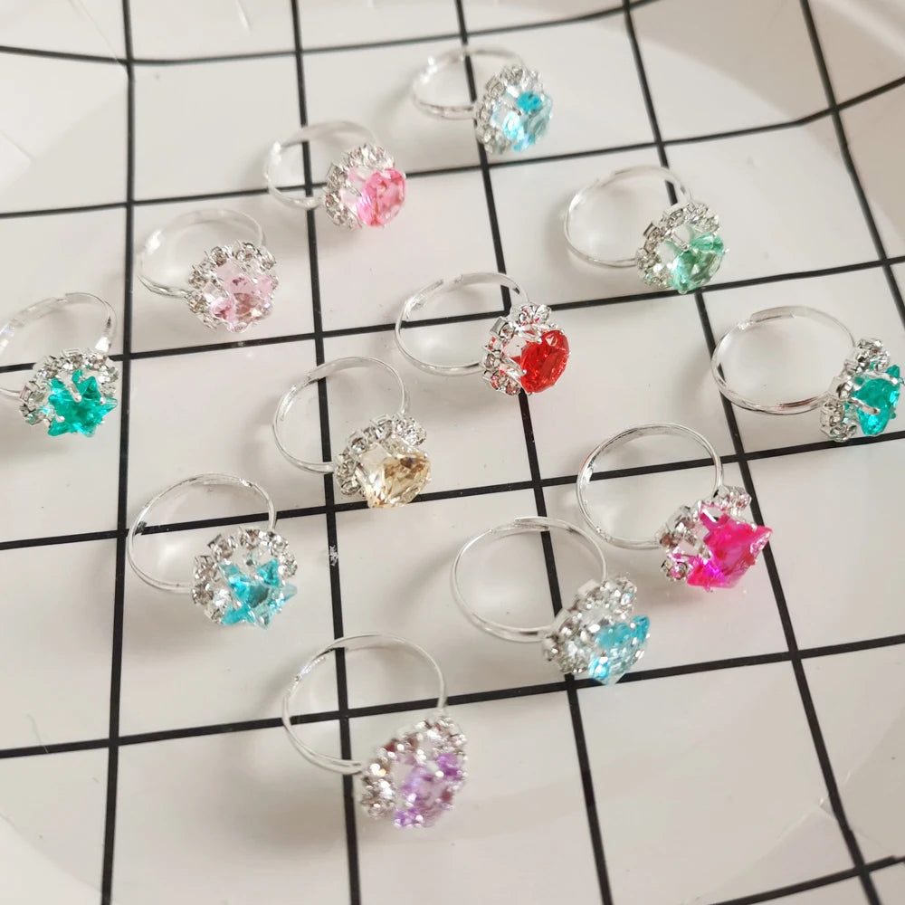 12/36PCS/set Adjustable Kids Crystal Rings Jewelry Heart Star Square Open Finger Ring For Children Girl Party Gift Good Vibrations