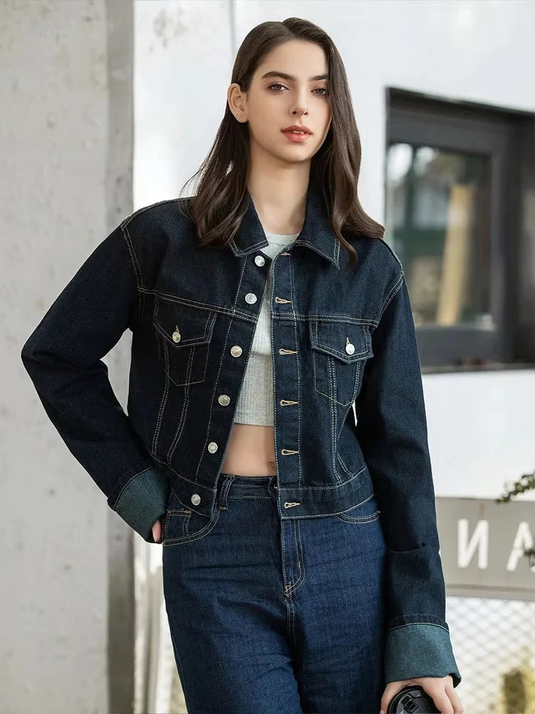 HH Women Fashion Denim Set Casual Lapel Long Sleeve Crop Jacket Buttons Female Vintage Wide Leg Loose Jeans Long Pants Good Vibrations