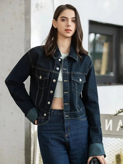 HH Women Fashion Denim Set Casual Lapel Long Sleeve Crop Jacket Buttons Female Vintage Wide Leg Loose Jeans Long Pants Good Vibrations