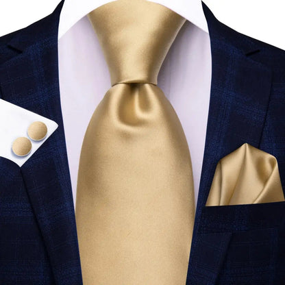 Hi-Tie Champagne Gold Striped Paisley Solid Men Silk Wedding Tie Fashion Design Necktie For Men Hanky Cufflink Business Party Good Vibrations