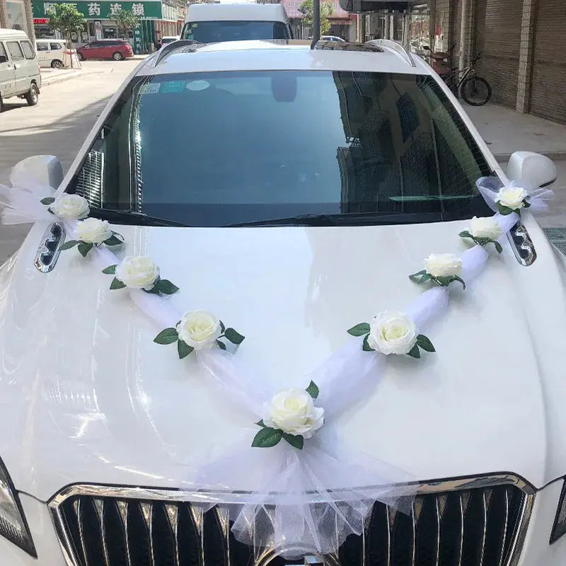 White Rose Artificial Flower for Wedding Car Decoration Bridal Car Decorations Door Handle Ribbons Silk Flower Good Vibrations