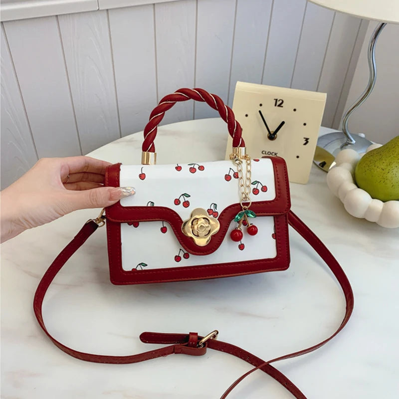 Sweet Crossbody Bag Fashion Cherry Print Top-Handle Ladies Luxury Square Shoulder Bag Women High Quality Sling Purse Good Vibrations