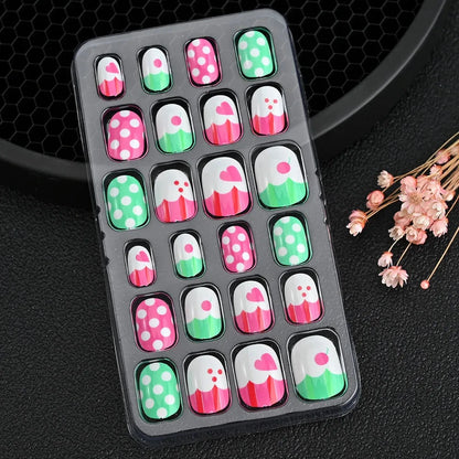 24 Pcs/box Children Cartoon Nail Tips Colorful Artificial Fake Nails for Cute Kids Girls Full Cover Short False Nail Art Kits* Good Vibrations