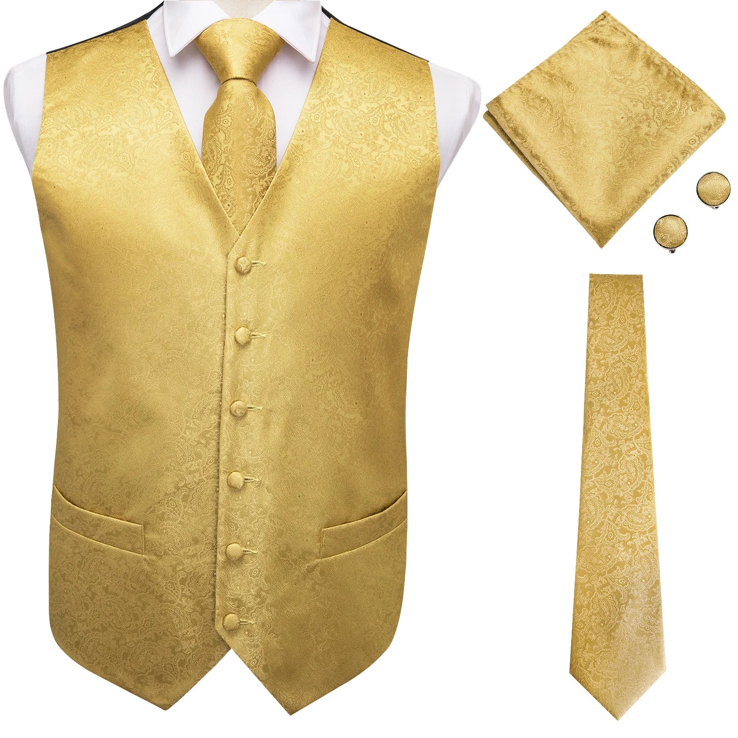 Hi-Tie Black Men Silk Vest Paisley Jacquard Necktie Hankerchief Cufflinks Sets Male Sleeveless V-Neck Waistcoat Business Formal Good Vibrations