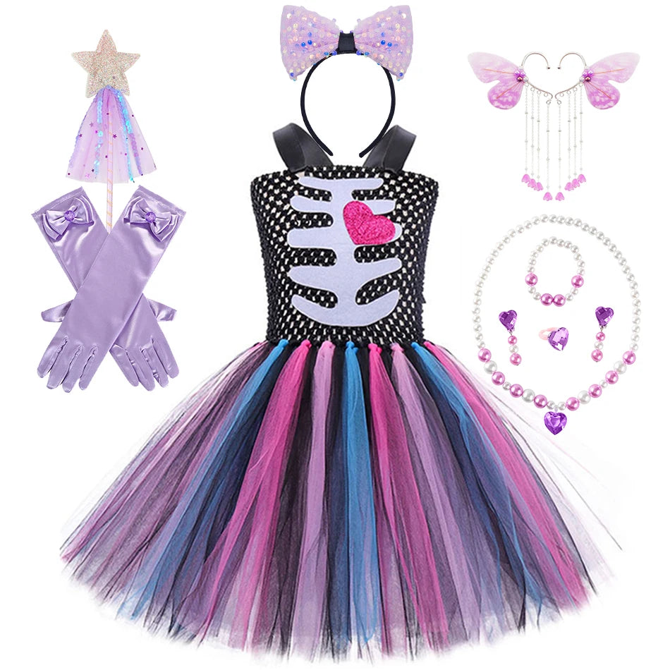 Halloween Kids Dress Cosplay Heart Print Skeleton Costumes Girls Floral Skull Tutu Clothes Children Carnival Performance Outfits Good Vibrations