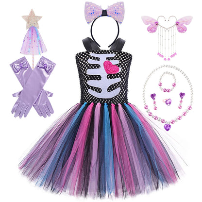 Halloween Kids Dress Cosplay Heart Print Skeleton Costumes Girls Floral Skull Tutu Clothes Children Carnival Performance Outfits Good Vibrations