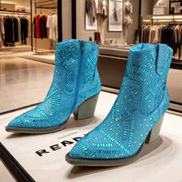 Ankle Boots for Women Luxury Full Diamond Chelsea Boots Western Cowboy Y2k Fashion Wedges Pointed Toe Zipper Women Heels shoes Good Vibrations