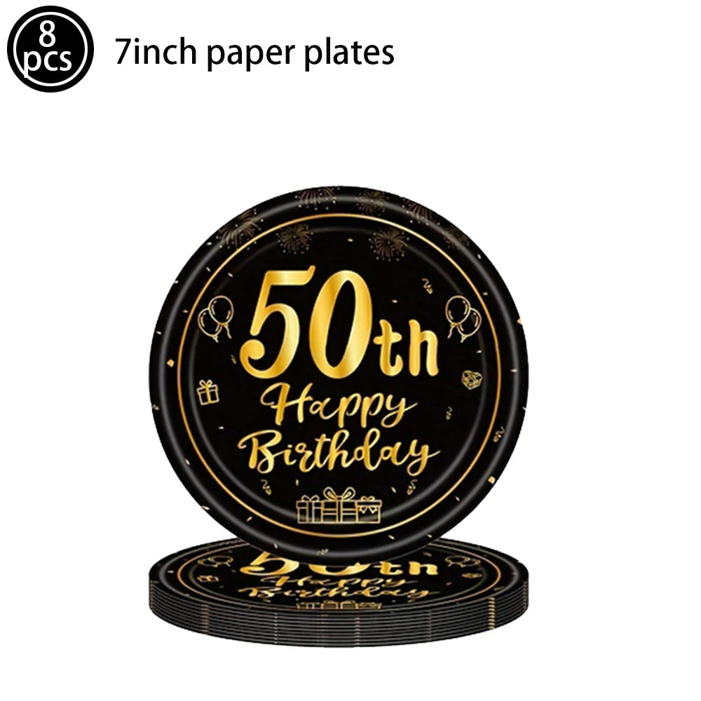 50th Birthday Party Supplies for Men Women Black and Gold 50 Years Old Party Paper Plates Cups Napkin Tablecloth Tableware Decor Good Vibrations