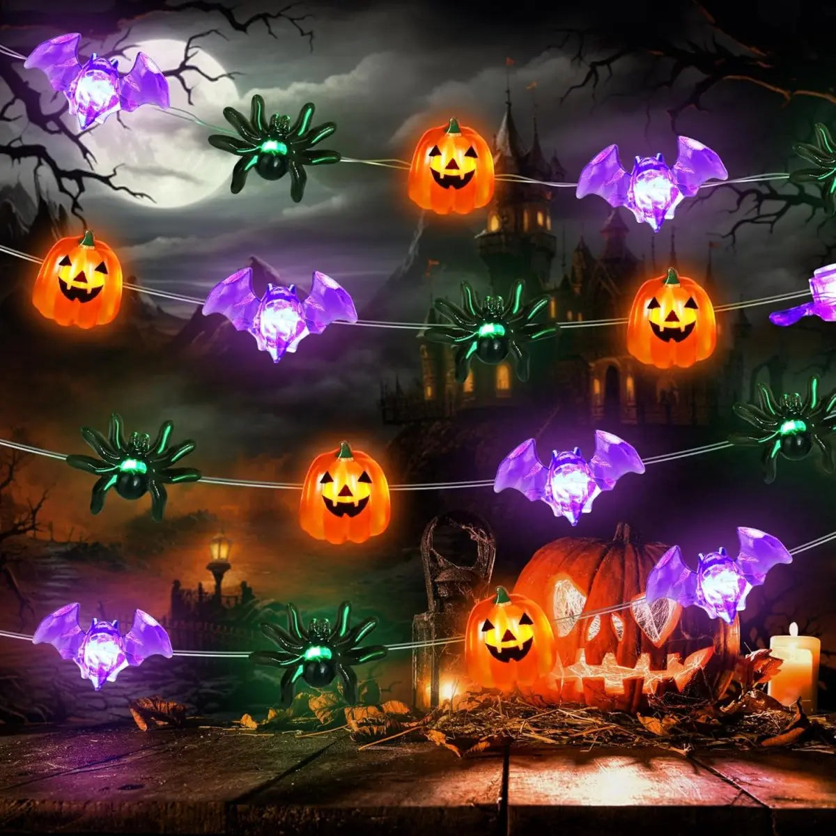 1pc LED Halloween Pumpkin Spider Bat String Light Battery Operated Waterproof Indoor And Outdoor Spooky Atmosphere Hanging Decor Good Vibrations