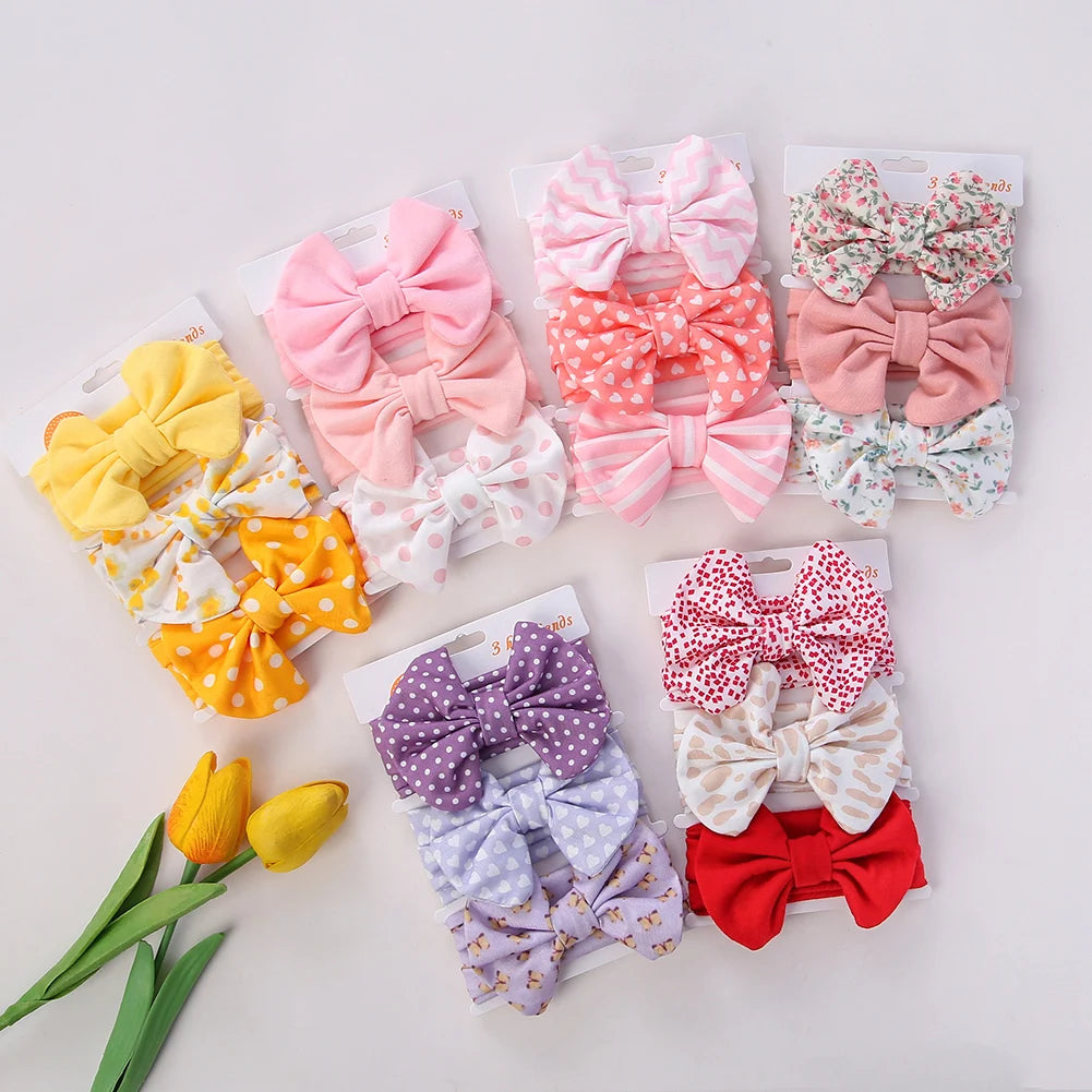 3Pcs/Set Cute Cotton Bows Baby Headbands Newborn Infant Ealstic Hairbands Boys Girsl Dot Striped Flower Print Kids Headwraps Good Vibrations