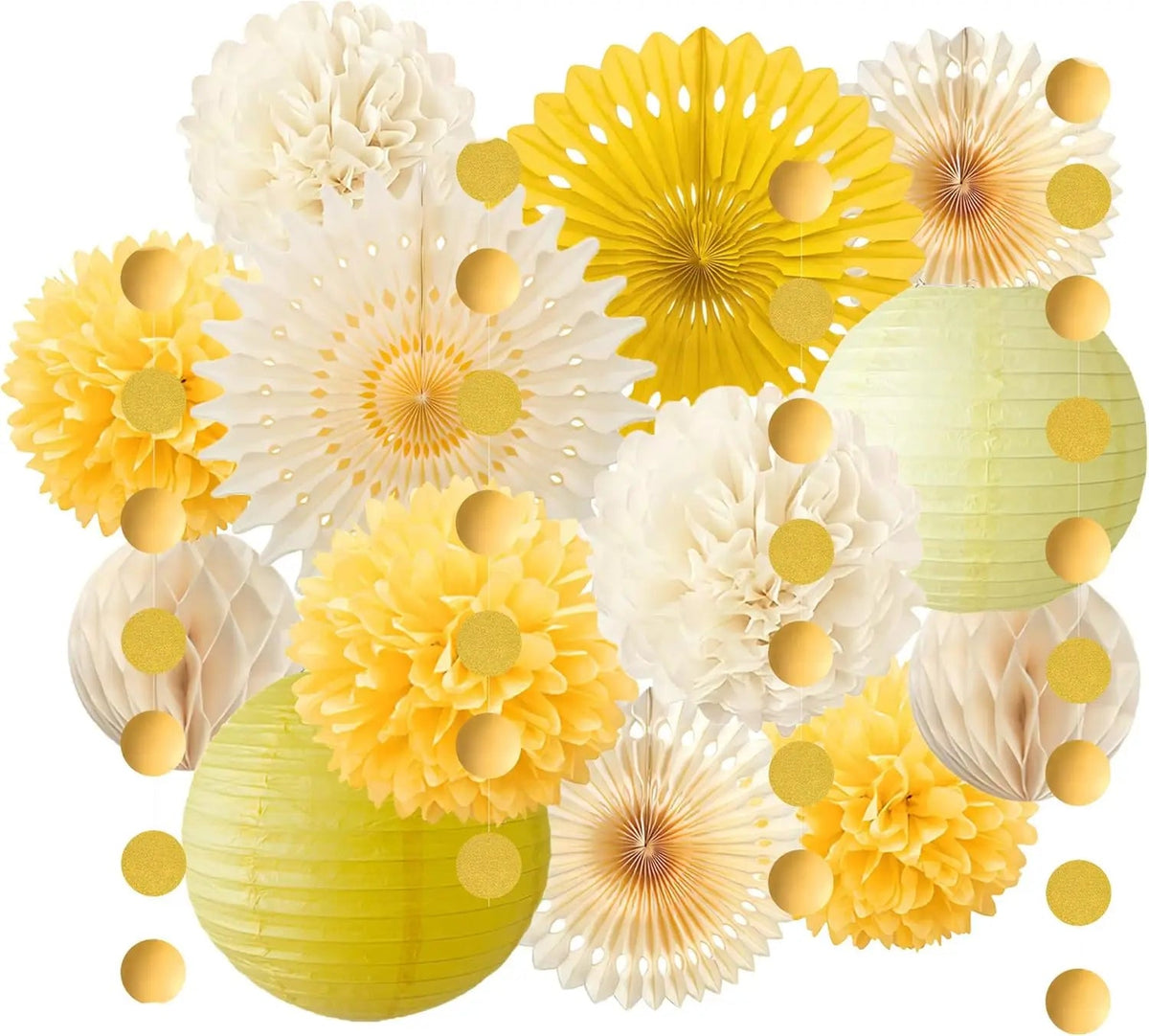 Yellow Party Decorations Yellow and Cream Paper Fans Paper Lanterns Pom Poms Flowers for Baby Shower Birthday Wedding Party Good Vibrations