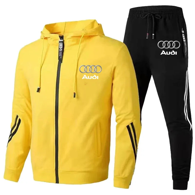 Autumn Winter Mens Audi Car Logo Print Tracksuit Men Zipper Hoodie+Pants 2 Piece Set Casual Gym Fitness Jogging Sportswear Suits Good Vibrations