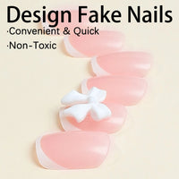 White French Press on Nails 3D Bowknot Fake Nails Tips Full Cover Wearable False Nails for Women and Girls DIY Manicure 24Pcs Good Vibrations
