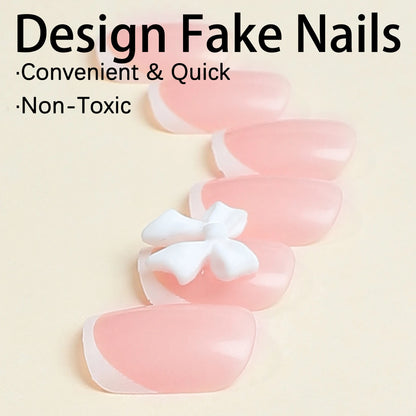 White French Press on Nails 3D Bowknot Fake Nails Tips Full Cover Wearable False Nails for Women and Girls DIY Manicure 24Pcs Good Vibrations