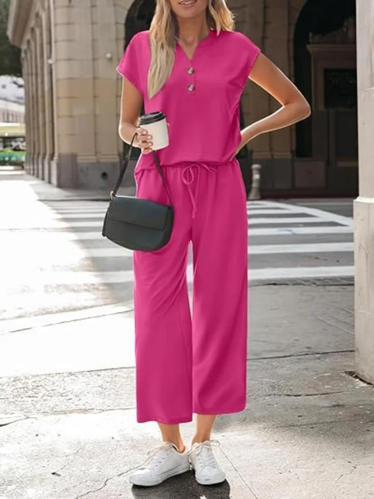Women 2 Piece Outfit Set V Neck Button Short Sleeve T Shirt Drawstring Wide Leg Capri Pants Casual Loose Tracksuit Loungewear Va Good Vibrations