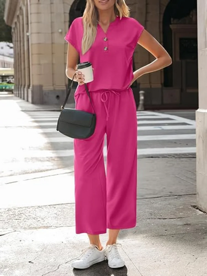 Women 2 Piece Outfit Set V Neck Button Short Sleeve T Shirt Drawstring Wide Leg Capri Pants Casual Loose Tracksuit Loungewear Va Good Vibrations