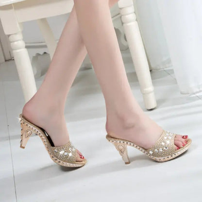 Summer Women Sandals Rhinestone Women Shoes Sexy High Heels Shoe Ladies Sandalias Gold Silver Women Slippers Heeled Sandals Sexy Good Vibrations