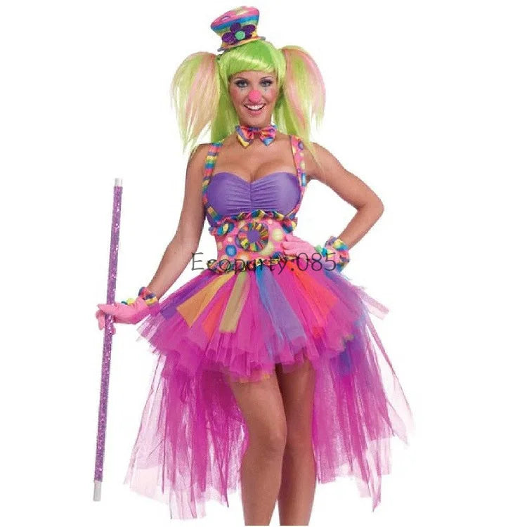 Halloween Costume Classic Candy Color Dresses Circus Clown Cosplay Costumes Carnival Party Performance Clothing Set Funny Dress Good Vibrations