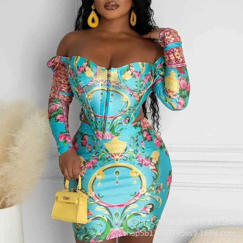 New Womens Dress Sets New Blue Floral Print Top Skirt Set Two Piece Sets Womens Outifits Good Vibrations