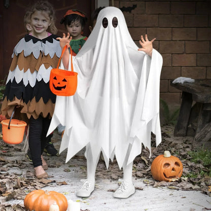Halloween Funny Costume Kids White Ghost Cloak  Cosplay Outfit With Cute Pumpkin Bag Theme Party Festival Decorative Supplies Good Vibrations