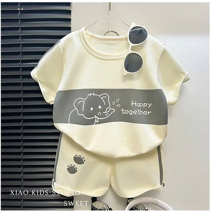 2024 New Kids Short Sleeve Suit Striped Girls Boys Set Summer Tops +short Baby Clothes Children's Wear Good Vibrations