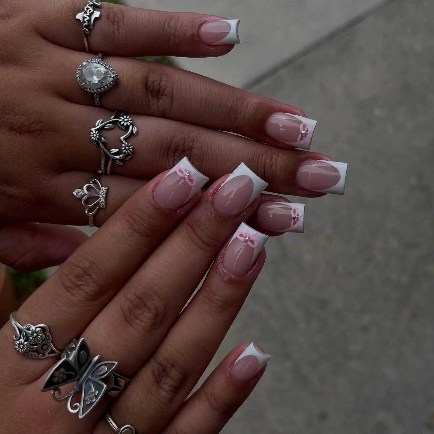 White French Press on Nails 3D Bowknot Fake Nails Tips Full Cover Wearable False Nails for Women and Girls DIY Manicure 24Pcs Good Vibrations