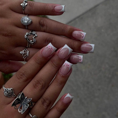 White French Press on Nails 3D Bowknot Fake Nails Tips Full Cover Wearable False Nails for Women and Girls DIY Manicure 24Pcs Good Vibrations